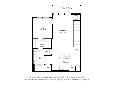 A floor plan of a house with a bedroom, living room, kitchen, bath, and walk-in closet.